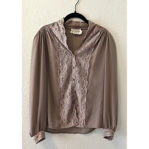 Vintage 80's Puccini Blouse Size10 Lacey Details Taupe Career Chic Button Up